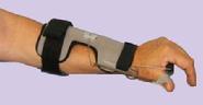 Improves R.O.M. at wrist, post fracture, radial palsy. Easy to shape aluminum frame. Coiled spring at wrist produces wrist extension. Padded hand bar with palmer arch and removable thumb outrigger. Breathable, removable liner. Optional wrist strap included.
