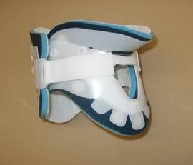 Plastic neck collar composed of anterior and posterior shells with padding and hook and loop closoures